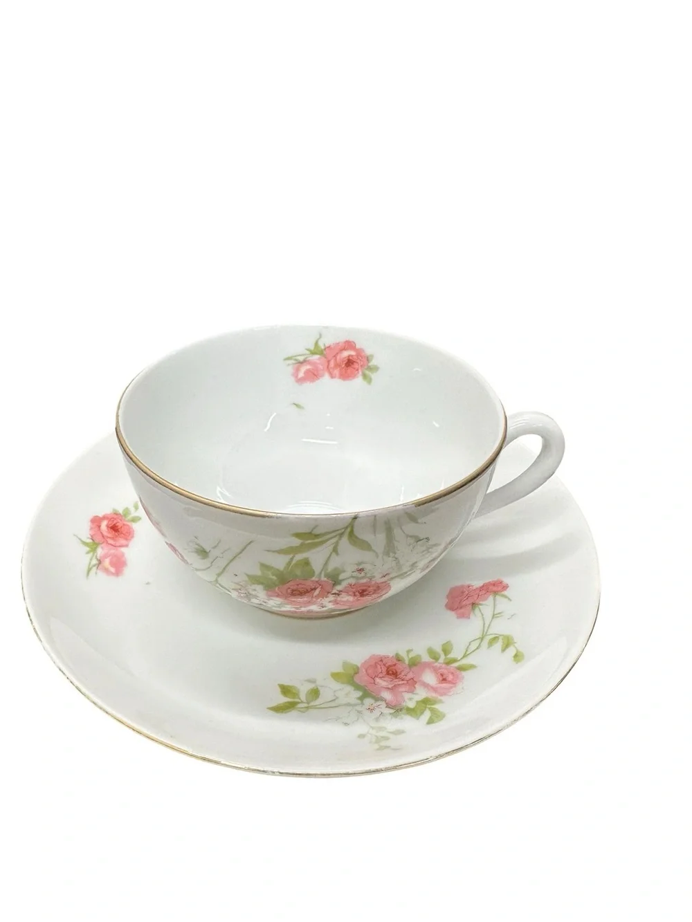 Antique Victoria Austria Porcelain Teacup & Saucer Pink Roses Gold Trim